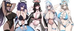 5girls absurdres alternate_costume asuna_(blue_archive) bikini black_hair blonde_hair blue_archive blue_eyes blue_halo bow bowtie breasts bright_pupils cleavage commentary_request dark-skinned_female dark_skin hair_behind_ear hair_ornament hair_over_one_eye hairclip halo highres karin_(blue_archive) large_breasts lengkuass long_hair mechanical_halo mole mole_on_breast multiple_girls noa_(blue_archive) purple_eyes purple_hair red_eyes rio_(blue_archive) smile swimsuit two_side_up very_long_hair white_hair white_pupils yellow_eyes yuuka_(blue_archive)