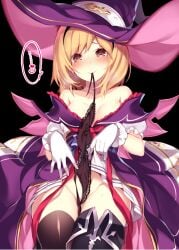 1girls big_breasts black_panties black_underwear blonde blonde-haired_female blonde_female blonde_hair blush brown_eyes cleavage clothes_lift djeeta_(granblue_fantasy) female granblue_fantasy large_breasts official_alternate_costume panties short_hair skirt_lift underwear unworn_panties witch_hat