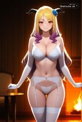 1girl 2d 4k 8k ai_assisted ai_generated alluring anime_style athletic attractive bare_midriff beautiful bedroom_setting big_booty blonde_hair blush breasts brown_eyes cinematic_lighting cleavage close_up collarbone confident dark dark_lighting defined_jawline depth_of_field detailed_background detailed_face detailed_skin digital_illustration dim_lighting elegant erotic fur_trim hair_ornament horns jewelry long_hair multicolored_hair purple_hair