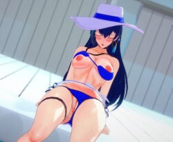 after_orgasm areolae bikini black_hair blue_bikini blushing breasts breasts_out breathing_heavily clitoris green_pupils knees large_breasts lin_(tower_of_fantasy) lin_ye_(tower_of_fantasy) long_hair navel nipples panting pussy streaked_hair thick_thighs thigh_band tower_of_fantasy vagina