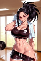1girl 1girls abs ai_generated balecxi black_eyes black_hair black_shorts black_sports_bra blurry_background blush boku_no_hero_academia bra breasts cleavage clothes_pull clothing collarbone curvaceous curvaceous_female curvaceous_figure curvy curvy_figure drawstring dumbbell exercise female female_focus grin groin gym gym_shorts hair_pulled_back holding_towel indoors inviting inviting_to_sex large_breasts long_hair looking_at_viewer midriff momo_yaoyorozu my_hero_academia narrow_waist naughty_face navel ponytail presenting presenting_ass presenting_breasts presenting_hindquarters presenting_self pulled_by_self seductive seductive_look seductive_smile shiny_skin short_shorts shorts shorts_pull smile solo sports_bra sportswear standing stomach sweat sweaty_clothes thick_thighs thighs toned towel towel_around_neck voluptuous voluptuous_female weights wet wide_hips wiping_face wiping_sweat yaoyorozu_momo