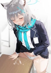 1girls animal_ears aoi_sakura_(seak5545) blazer blue_archive blue_scarf blue_tie blush closed_eyes collared_shirt desk female female_only fingering fingering_self grey-haired_female grey_hair hair_ornament halo light-skinned_female light_skin masturbation open_mouth panties scarf shiroko_(blue_archive) skirt_lift solo tie white_panties