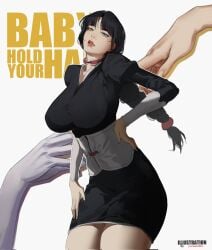 2d arched_back artist_logo artist_name artist_request artist_signature black_hair bleach bleach:_the_thousand-year_blood_war blue_eyes bob_cut braided_ponytail child_bearing_hips hourglass_figure hourglass_figured_female kurotsuchi_nemu large_breasts long_hair miniskirt nemu_kurotsuchi ponytail skirt slim_waist tagme thick_lips thick_thighs tied_hair white_background wide_hips