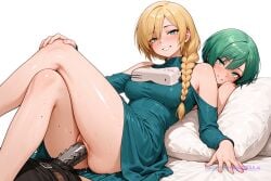 1_girl 1girl ai_assisted ai_generated bare_shoulders blonde_hair blue_dress blue_eyes crossed_legs freckles game_character hair_over_shoulder long_skirt long_sleeves looking_at_viewer low_angle_view makeup mole mouth_wide_open single_braid sitting teal_eyes vaginal_sex white_background