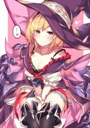 1girls arms_between_legs black_thighhighs blonde blonde-haired_female blonde_female blonde_hair blush brown_eyes cleavage djeeta_(granblue_fantasy) female granblue_fantasy hands_on_skirt official_alternate_costume short_hair thighhighs witch_hat
