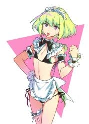 1boy 1femboy androgynous bikini bikini_bottom bikini_top blonde_hair bob_cut bulge clothed clothing crossdressing femboy femboy_only feminine_faced_male feminine_male lio_fotia maid maid_apron maid_bikini maid_headdress maid_uniform petite petite_body petite_male promare short_hair short_male slim slim_male slim_waist solo sticking_out_tongue thigh_strap thin_waist tongue_out tsundere twink wide_hips