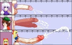 3futas chen cum cumshot diphallism ejaculation english_commentary english_text female foreskin futa futanari large_penis letty_whiterock penis shanghai_doll tagme touhou touhou_project wufuwufuwufu