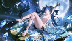 16:9 16:9_aspect_ratio 1920x1080 1girl 1girls 3840x2160 absurdres ai_assisted anime anime_character anime_girl anime_style anklet arm_up armband armpits arms_above_head arms_behind_head bare_legs barefoot beautiful best_quality blue_crystals blue_eyes blue_hair blush breasts cinematic_lighting crystal dark_blue_hair detailed_background detailed_skin dynamic_pose earrings edit edited edited_ai edited_art edited_by_uploader edited_image edited_official_artwork elegant ethereal fanart female floating_crystals flowing_hair full_moon glowing gold_trim golden_accessories golden_crown gradient_hair hair_bow hair_ornament hair_ribbons headpiece highres intricate_details iuno_(wuthering_waves) jewelry large_moon legs legs_bent legs_crossed legs_together legs_up lens_flare light_blue_hair long_hair looking_at_viewer lying_on_back masterpiece medium_breasts moleistheman naked naked_female naked_woman nebula nipples nude nude_edit nude_female nudity one_leg_raised outer_space perfect_body petite petite_body petite_female pink_nipples reclining sci_fi seductive seductive_smile sexy sexy_female sexy_pose sexy_woman shiny_skin sitting smile solo space sparkles starry_sky twintails volumetric_lighting white_fabric white_straps wind wrist_cuffs wuthering_waves