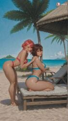 2girls ai_generated aisinful ass ayase_momo beach big_ass big_boobs big_butt blush breasts brown_hair butt dandadan dark-skinned_female dark_skin day female hi_res jewelry large_breasts medium_breasts multiple_girls ocean outdoors palm_tree pink_hair pool sand shiratori_aira_(dandadan) short_hair sky swimsuit thick_thighs tree water wide_hips