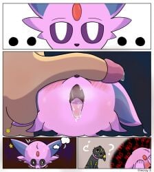 balls big_eyes blush bodily_fluids collar comic diwzay3 duo ear_piercing ear_ring eeveelution english_text erection espeon female feral fur generation_2_pokemon genitals glans hi_res human male male/female mammal nintendo penis penis_on_face piercing pokemon pokemon_(species) ring_piercing saliva saliva_on_tongue text tongue tongue_out umbreon