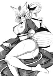 animal_ears ass bb blush breasts cum fox_ears highres kimono kitsune kongiku large_breasts monochrome muramasa_the_demon_blade pussy