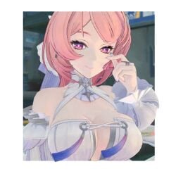 1girl 3d animated artist_request bare_shoulders border breasts cleavage closed_mouth detached_sleeves dress finger_heart game_screenshot_background hair_intakes hair_ornament large_breasts looking_at_viewer medium_hair mole mole_on_breast one_eye_closed outdoors outside_border pink_hair pointy_ears purple_eyes reaching reaching_towards_viewer remielle_dan screenshot_background smile solo star_(symbol) star_hair_ornament tagme upper_body video white_border white_dress white_wings wings winking_(animated) zenless_zone_zero