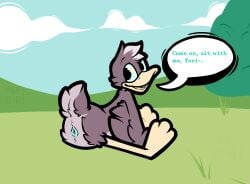 ambiguous_anthro ambiguous_gender anatid animal_genitalia anseriform anthro artist_name avian avian_butt beak bird black_outline blue_cloaca blue_eyes blue_tongue brown_body brown_feathers butt cloaca cloud duck english_text feather_tuft feathers genitals grass head_tuft kamoto_vivi looking_back nude_ambiguous nude_anthro open_beak open_mouth outline outside plant sitting_on_grass sky solo speech_bubble tail tail_feathers talking_to_another text tilde_after_text tongue tuft viveka_(kamoto_vivi) yellow_beak yellow_body