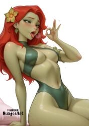 1girl ai_generated arm_support artist_name bare_shoulders blush breasts colored_skin dc dc_comics earrings fellatio_gesture fingernails flower fortnite fortnite:_battle_royale green_eyes green_skin hair_flower hair_ornament halterneck hand_up jewelry long_hair medium_breasts navel nuageeart ok_sign one-piece_swimsuit open_mouth oral_invitation poison_ivy poison_ivy_(fortnite) questionable red_hair sensitive simple_background sitting solo sweat swimsuit thighs tongue tongue_out white_background