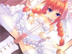 1boy 1girl belly big_belly braid braided_hair censored censored_genitalia censored_penis choker legs_apart lyrical_nanoha mahou_shoujo_lyrical_nanoha mosaic_censoring pigtails smile smiling smiling_at_viewer spread_legs vita wedding_dress wedding_veil