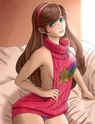 brown_hair clothed clothing disney disney_channel disney_xd female female_only gravity_falls green_eyes grown_up mabel_pines panties perronegro300 solo straight_hair tiara virgin_killer_sweater white_female