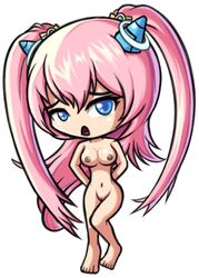 1girls angelic_buster blue_eyes breasts erect_nipples female female_only hair_ornament hands_behind_back long_hair looking_at_viewer maplestory nipples nude open_mouth pigtails pink_hair pussy solo standing uncensored white_background