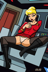 1girls black_boots blonde_hair blue_eyes boots breast_grab breasts earrings female high_heel_boots high_heels janice_rand misterjer panties solo star_trek star_trek_the_original_series starfleet_insignia starfleet_uniform stockings text thighhighs