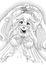 black_and_white blush clothing cum cum_on_clothes cum_on_upper_body large_breasts long_hair looking_at_viewer nipples_visible_through_clothing pretty_cure princess see-through see-through_clothing smile_precure tagme yano_toshinori yayoi_kise