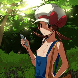 agemono bad_id bag bow breasts brown_eyes brown_hair casual casual_nudity forest hat hat_ribbon human lyra_(pokemon) naked_overalls nature nintendo nipples oekaki outdoors outside overalls pokemon pokemon_hgss purse ribbon short_twintails sunlight tied_hair twintails