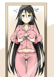 1girls 2018 belly_button big_breasts black_hair blue_eyes breasts cameltoe commission erect_nipples_under_clothes female female_only holding_breasts implied_breast_expansion izumi_reina long_hair mirror musaigen_no_phantom_world pajamas ryle solo tagme