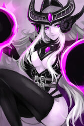 2012 belt black_gloves breasts cleavage ear_protection female forehead_protector gloves helmet highres kumiko_(aleron) league_of_legends long_hair orb pale_skin purple_eyes purple_skin silver_hair solo syndra thighhighs very_long_hair