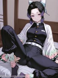 ai_generated animal_print arm_support artist_name ass bed belt belt_buckle black_hair black_jacket black_pants blush breasts buckle bug bulge butterfly butterfly_hair_ornament butterfly_print buttons cameltoe closed_mouth demon_slayer_uniform female forehead gradient_hair hair_ornament haori high-waist_pants indoors jacket japanese_clothes kimetsu_no_yaiba knee_up kochou_shinobu large_breasts long_sleeves looking_at_viewer medium_breasts mionety multicolored_hair on_bed open_clothes pants parted_bangs patreon_username purple_eyes purple_hair short_hair sidelocks sitting smile solo spread_legs thighs two-tone_hair uniform watermark weapon web_address white_belt wide_sleeves