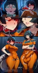 ai_generated alternate_costume anger_vein annoyed black_hair bulge bulge_through_clothing cameltail covered_penis ellen_joe grey_eyes heart heavy_breathing inner_hair jane_doe_(zenless_zone_zero) onomatopoeia orange_pants orange_shirt patreon prison prison_cell prison_clothes prisoner pussy_juice rat_tail red_eyes sabaispace shark_tail smirk throbbing_penis tight_clothing wet_pussy zenless_zone_zero