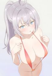 adolescent ai_generated alisa_mikhailovna_kujou blue_eyes eyebrows_visible_through_hair eyelashes_visible_through_hair high_quality high_resolution highres large_ass large_breasts looking_at_viewer makeup open_mouth petite_female petite_girl ponytail raised_arm shiny_body shiny_hair shy_expression slingshot_bikini sweatdrop teenage_girl thin_waist tokidoki_bosotto_russian_de_dereru_tonari_no_alya-san waifu2x white_background white_hair white_skin