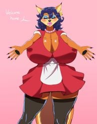 anthro big_breasts big_lips bimbofication blue_hair breasts carmelita_fox cleavage closed_eyes collarbone dialogue dress earrings eyeshadow female_only femsub fox_girl furry gigantic_breasts happy_trance housewife huge_breasts large_breasts large_lips lipstick long_hair long_nails makeup nail_polish necklace offering_hug pink_lips pink_lipstick plankboy simple_background sly_cooper_(series) smile solo standing stepfordization text thick_thighs thighhighs