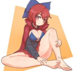 1girl 1girls artist_name barefoot big_breasts bikini black_shirt blue_bikini blush blush_lines bow bowtie breasts breasts_out cape cleavage cloak collar collared_shirt female female_focus female_only hair_ribbon knees_up large_breasts light_blush long_sleeves looking_at_viewer miniskirt open_clothes orange_background pleated_skirt red_eyes red_hair red_skirt ribbon sekibanki shirt short_hair simple_background sitting skirt solo solo_female solo_focus thick_thighs thighs touhou twitter_username watermark wide_hips wide_thighs yuzu5p4