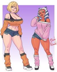 2d 2girls ahsoka_tano ashley_graham ashley_graham_(ella_freya) blonde_hair borderreloaded capcom clone_wars crossover eastern_and_western_character female female_focus female_only full_body lekku resident_evil resident_evil_4 resident_evil_4_remake star_wars star_wars_rebels