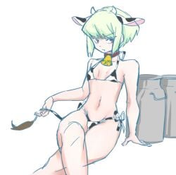 1boy androgynous bikini bob_cut collar cow_bell cow_bikini cow_horns cow_print cow_print_bikini crossdressing fake_animal_ears fake_tail femboy femboy_only lio_fotia male petite petite_body petite_male pouting promare short_hair slim slim_male slim_waist solo twink