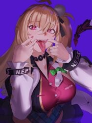 1girls absurdres aragiken black_choker blonde_hair blue_skirt breasts choker cissia_(zenless_zone_zero) colored_nails commentary fangs finger_in_own_mouth highres large_breasts long_hair open_mouth painted_nails pink_eyes pink_nails pink_shirt purple_background saliva shirt simple_background skirt snake snake_girl snake_tail solo spread_mouth tail tongue tongue_out very_long_hair white_tail zenless_zone_zero