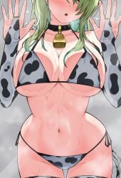 absurdres against_fourth_wall animal_print bare_shoulders bell bikini black_collar blush breast_press breasts bridal_gauntlets ceres_fauna cleavage collar collarbone colored_inner_hair cow_print cow_print_bikini cow_print_gloves cow_print_thighhighs cow_tail cowbell eyes_out_of_frame female gloves green_hair grey_background hands_up head_out_of_frame head_tilt heavy_breathing highres hololive hololive_english large_breasts long_hair looking_at_another looking_at_viewer missing_commentary multicolored_hair navel neck_bell nobarts print_bikini print_gloves print_thighhighs side-tie_bikini_bottom sideboob simple_background solo stomach string_bikini sweat swimsuit tail thick_thighs thighhighs thighs underboob virtual_youtuber white_bikini white_bridal_gauntlets white_thighhighs wide_hips yellow_eyes