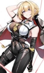 arm_strap big_breasts black_choker black_gloves black_jacket black_pants blonde_hair braid braided_bun breasts burnt_green_tea chest_harness choker commentary elbow_gloves evelyn_chevalier female female_only gloves hair_bun harness high-waist_pants highres holding holding_jacket holding_unworn_clothes jacket large_breasts looking_at_viewer mole mole_under_eye necktie pants purple_eyes shirt short_hair simple_background single_elbow_glove sleeveless sleeveless_shirt solo tight_clothes tight_pants unworn_jacket white_shirt yellow_necktie zenless_zone_zero