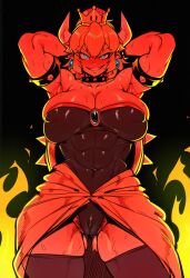 1girls 2d abs ai_generated armlet armpits arms_behind_head arms_up ass ass_visible_through_thighs bare_shoulders big_ass big_breasts big_butt big_thighs black_leotard black_thighhighs blonde_hair blue_eyes blush bowser bowsette bracelet breasts cameltoe cleavage collar covered_navel covered_nipples crown cyreneceo earrings female_only female_pubic_hair fire grin hair_between_eyes horns huge_breasts jewelry large_ass large_breasts large_butt large_thighs leotard looking_at_viewer mario_(series) muscles muscular muscular_female pointy_ears pubic_hair pubic_hair_peek sharp_teeth smile solo solo_female spiked_armlet spiked_bracelet spiked_collar spikes strapless super_crown sweat sweatdrop teeth thick_eyebrows thick_thighs thighhighs thighs wide_hips