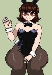 1girls big_hips big_thighs bowtie brown_eyes brown_hair bunny_ears bunny_headband bunny_tail bunnysuit glasses hips lila_(vika) mole_under_mouth short_hair simple_background sitting smile smiling smiling_at_viewer thick_legs thick_thighs thighs