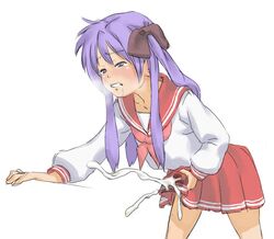 00s 1futa baka_gaki blush bow clenched_teeth clothing cum cum_on_clothes dickgirl ejaculation eyebrows eyebrows_visible_through_hair futa_only futanari hair_ribbon intersex jpeg_artifacts kagami_hiiragi long_hair lucky_star masturbation no_text penis purple_hair ribbon saliva simple_background skirt solo teeth white_background