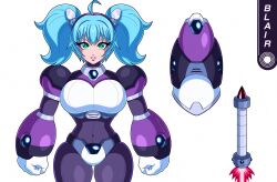 1girls 2d 2d_(artwork) 2d_artwork ahoge android armor big_breasts blair_(megaman) blue_hair breasts capcom eyelashes female gem green_eyes hi_res high_quality high_resolution highres jewelry lips lipstick mega_man mega_man_x oc original original_character reploid rockmangrave thick thick_ass thick_hips thick_legs thick_thighs thighhighs thighs twintails weapon