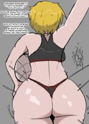 1girls arms_up ass ass_bigger_than_head ass_focus back back_muscles back_view backboob backsack big_ass big_butt big_thighs blonde blonde-haired_female blonde_female blonde_hair blonde_hair_female dante_(limbus_company) dialogue don_quixote_(limbus_company) female female_focus female_only limbus_company massive_ass project_moon solo solo_female solo_focus sports_bra sportswear tagme text thick thick_ass thick_hips thick_legs thick_thighs thighs tsutsunotsumi