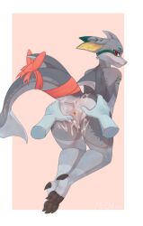 absurd_res anthro aquatic ass bodily_fluids cum cum_in_vagina cum_inside cum_on_butt female filoubee fish genital_fluids genitals grey_body hi_res red_bow red_eyes shark solo vulva