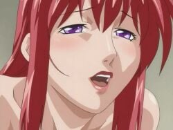 00s 1girls 2005 animated anime_screenshot bible_black bible_black_only blush collarbone female happy happy_sex implied_sex lipstick long_hair makeup mature_female open_mouth purple_eyes red_hair solo sweat tagme takashiro_hiroko teacher