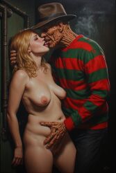 a_nightmare_on_elm_street ai ai_generated average_breasts background blonde_female boiler_room burnt burnt_skin chubby_female clothed_male_nude_female couple crying_female face_to_face fedora freddy_krueger kissing male_to_female naked_female nightmare_on_elm_street nude_female oc original_character sagging_breasts scarred semi_realistic slasher slightly_chubby_female striped_sweater sweater tongue_kiss touching_hair touching_pussy