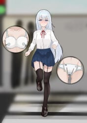 1girl ass_visible_through_thighs black_thighhighs blue_eyes chastity chastity_belt chastity_bra collar commentary_request cross-section crying crying_with_eyes_open female_chastity grey_hair highres loafers long_hair long_sleeves original pleated_skirt pussy_juice qin_mengsui running shirt shoes skindentation skirt tears thigh_gap thighhighs very_long_hair white_shirt