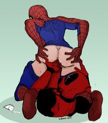 2boys anal_fingering anal_penetration bodysuit daftmue dated deadpool finger_fuck gay hands_on_ass knee_up lube lube_bottle lubricant lubrication male male_only marvel mask multiple_males pants_down smooth_skin spider-man spider-man_(series) spreading tagme wade_wilson yaoi