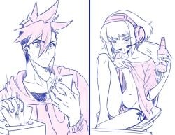 2boys androgynous blush clothing embarrassed femboy galo_thymos gay lifting_shirt lio_fotia male nipples panties petite petite_body petite_male promare recording recording_video slim slim_male slim_waist streaming twink yaoi