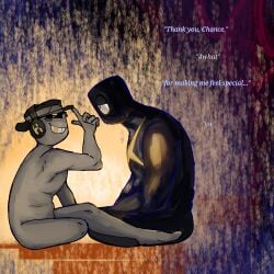 2boys after_sex black_body chance_(forsaken) cheesy comforting crackship cringe crossover forsaken_(roblox) gay glasses grace_(roblox) grey_skin hat i_just_want_true_love im_crine john_grace_(grace) light mlm naked naked_male please_dont_delete_this proyectada roblox roblox_game self_upload simple_background simple_coloring sinner_(grace) sop.66 talking text they_must_kiss we_are_so_back