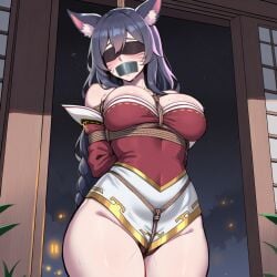 ahri ahri_(league_of_legends) ai_assisted ai_generated animal_ear_fluff animal_ears architecture black_hair blindfold blush bondage bound breasts crotch_rope detached_sleeves facial_mark female fox_ears gag gagged hair_between_eyes improvised_gag large_breasts league_of_legends league_of_legends:_wild_rift long_hair nay_juno night riot_games rope shibari_over_clothes solo tape tape_gag whisker_markings