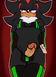 2023 anthro armwear balls bikini black_body blush clothing digital_drawing_(artwork) digital_media_(artwork) elbow_gloves eulipotyphlan fluffy fluffy_chest genitals gloves handwear hedgehog hi_res humanoid_genitalia humanoid_penis looking_away male mammal navel pecs penis red_body red_eyes sega shadow_the_hedgehog simple_background solo sonic_(series) sonic_the_hedgehog_(series) swimwear thiritherabbit two-piece_swimsuit